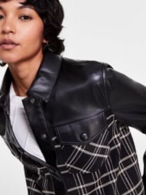 Liverpool Los Angeles Black Faux-Leather Mixed Plaid Jacket